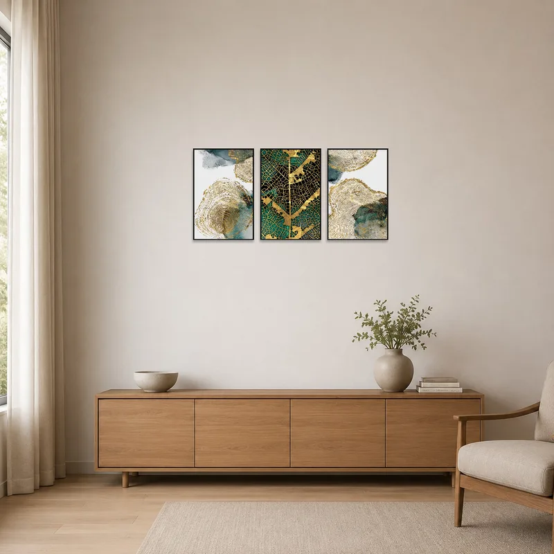 Simple minimalist room with an abstract gold and teal triptych as the striking focal point.