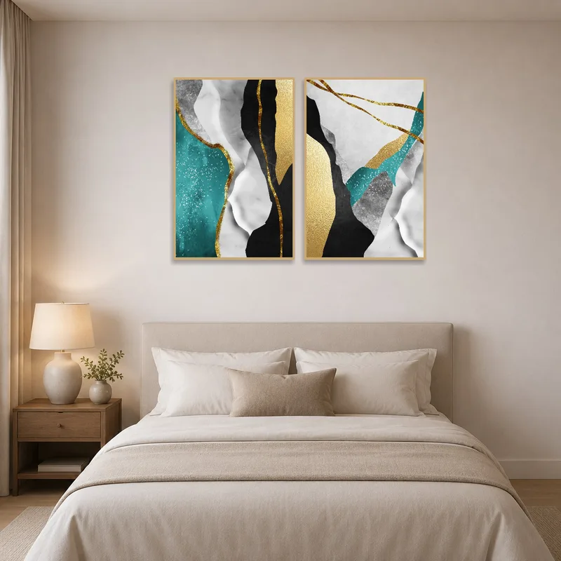 Elegant gold and teal art set casting a soothing vibe in a serene bedroom.