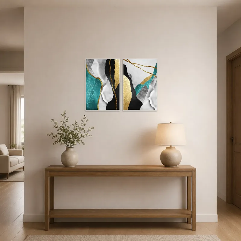 Vibrant gold and teal abstract set welcoming guests in a chic entrance hall.