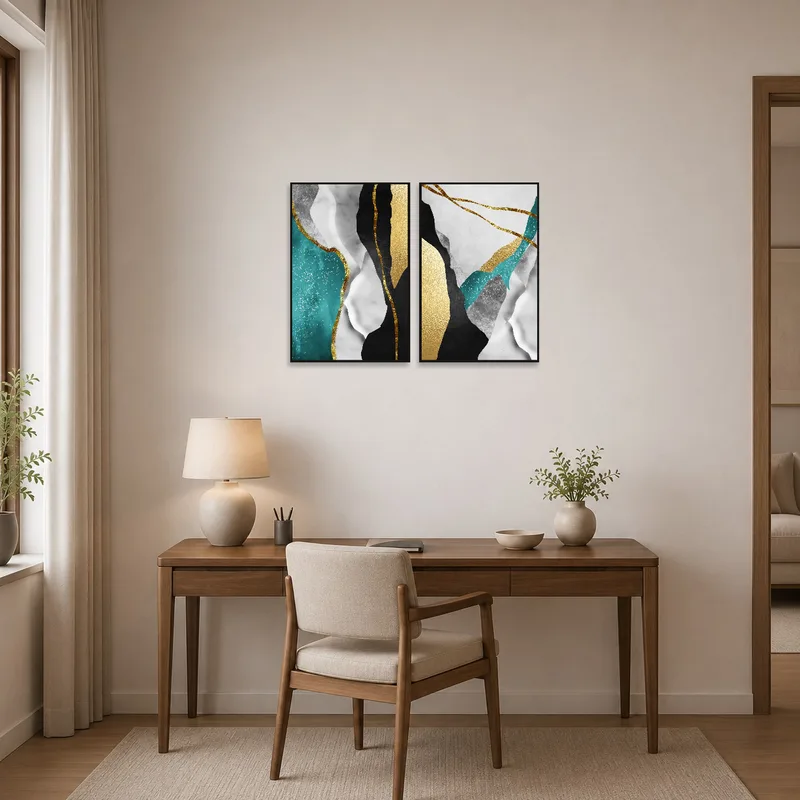 Sophisticated home office featuring abstract gold and teal artworks as inspiration.