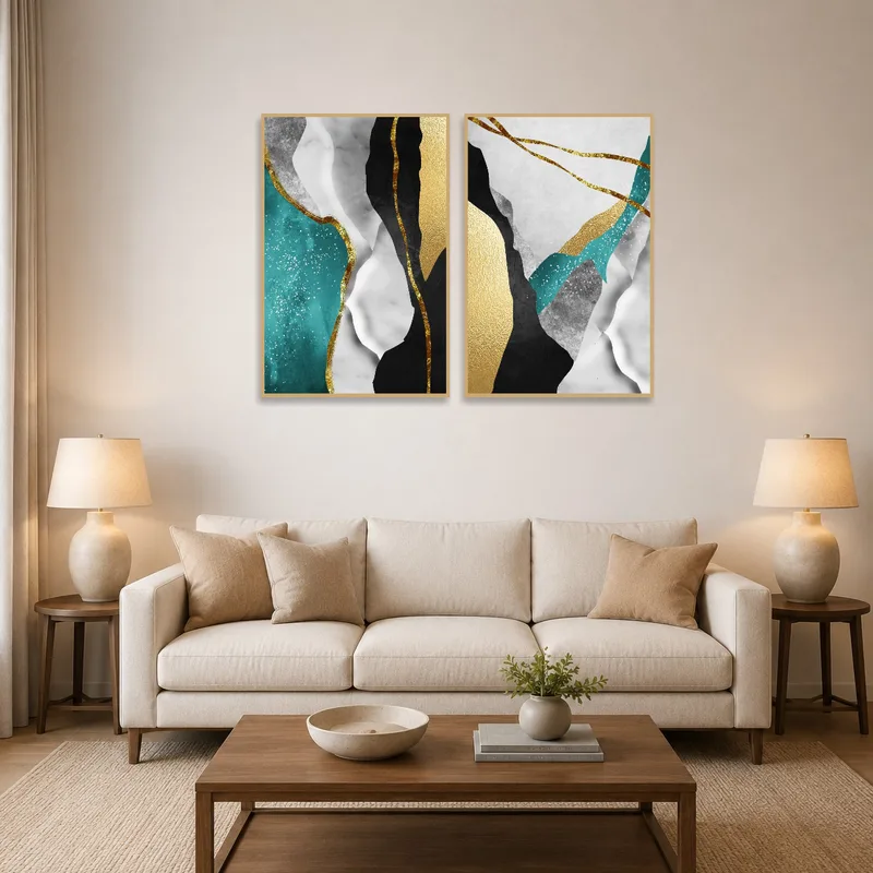 Abstract gold and teal art set on the wall above a modern sofa in a stylish living room.