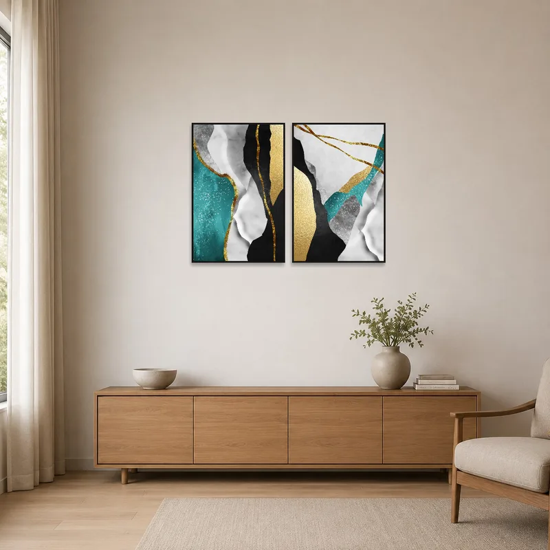 Gold and teal abstract pieces contrasting against a clean, simple minimalist background.