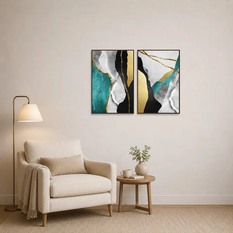 Cozy reading corner with abstract gold and teal artworks adding a touch of elegance.