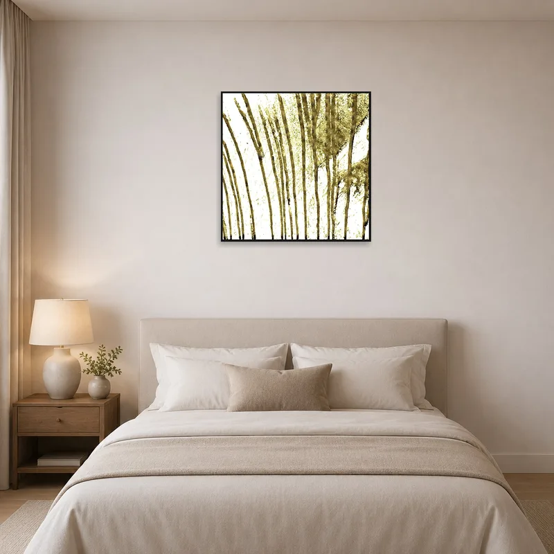 Bedroom setting with an abstract gold brushstroke art print above a neat and stylish headboard.