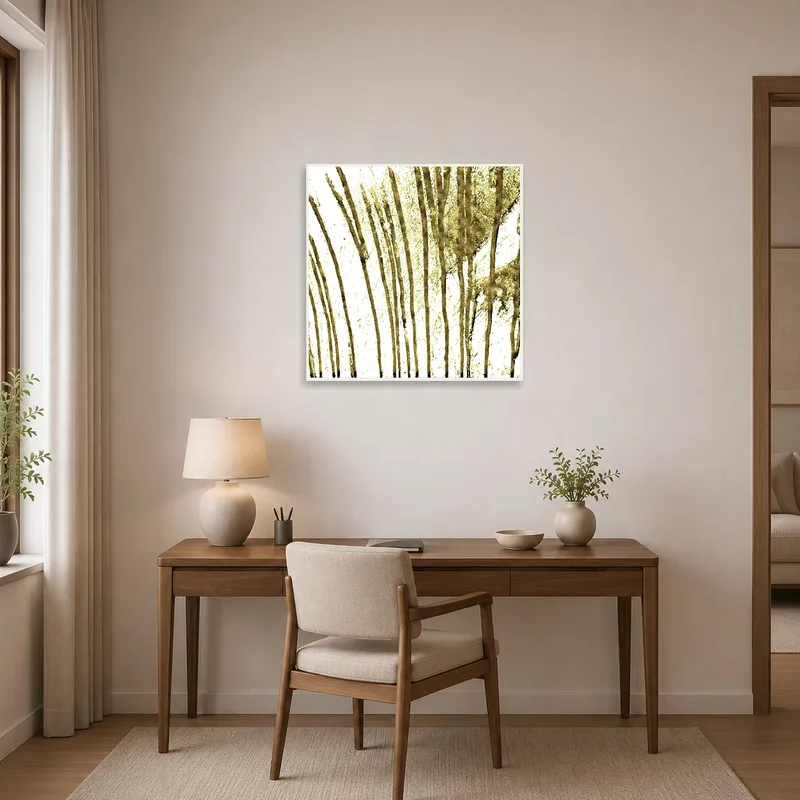 Home office space showcasing an abstract gold brushstroke art print near a sleek desk setup.