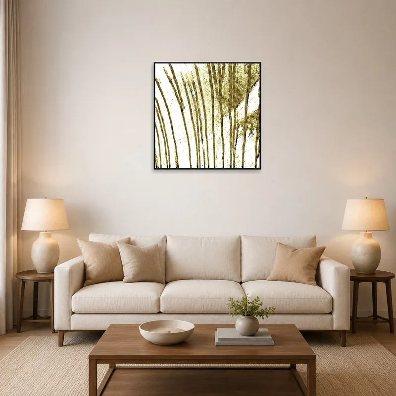 Elegant abstract gold brushstroke art print on a living room wall above a modern beige sofa.