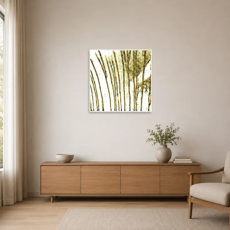 Minimalist room featuring an abstract gold brushstroke art print on a clean white wall.