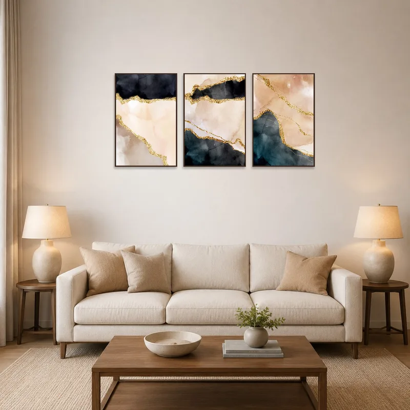 Elegant abstract triptych above a modern sofa with muted earth tones in the living room.