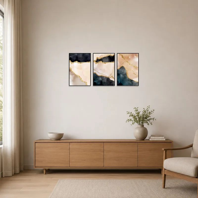 Minimalist room with a gold and earth tone triptych highlighting simple and uncluttered space.