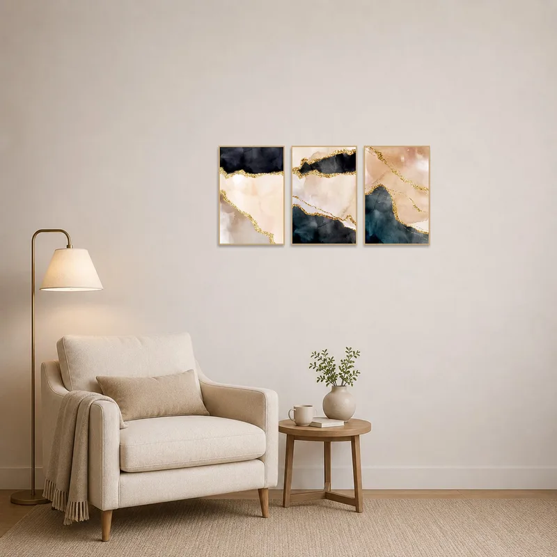 Sophisticated triptych adds elegance to a cozy reading corner with warm colors.