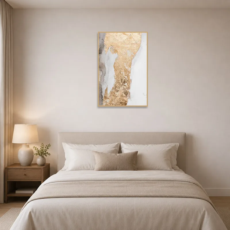 Luxurious abstract gold texture art adding a touch of elegance to a serene bedroom setting.