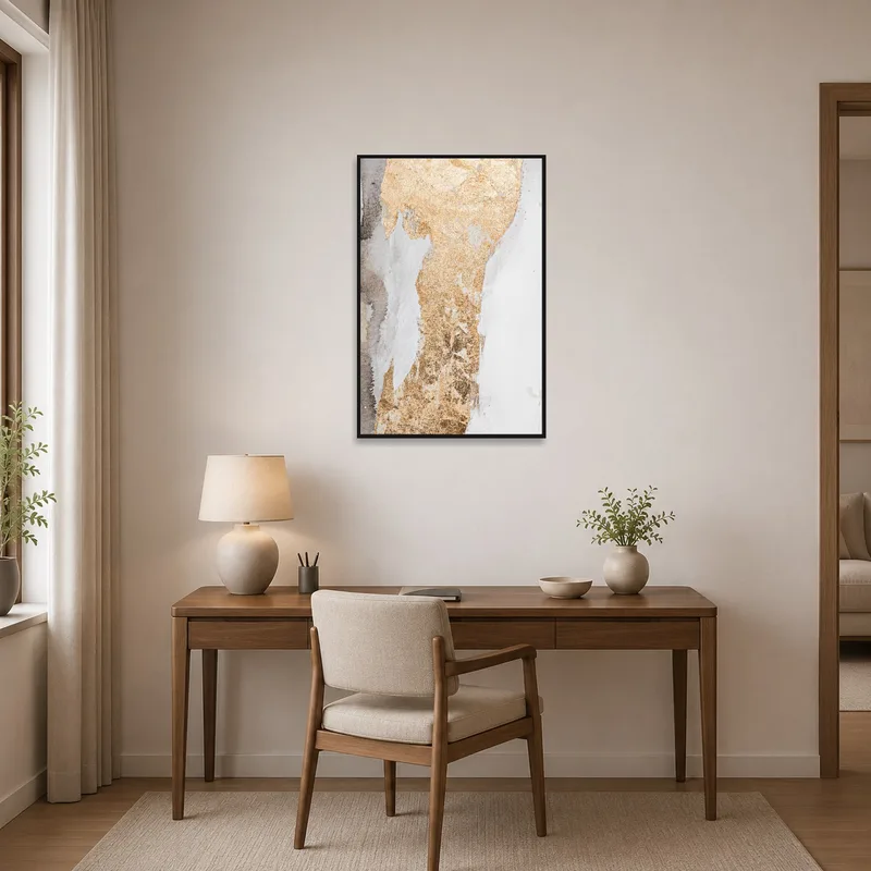 Abstract gold texture artwork inspiring creativity in a contemporary home office space.
