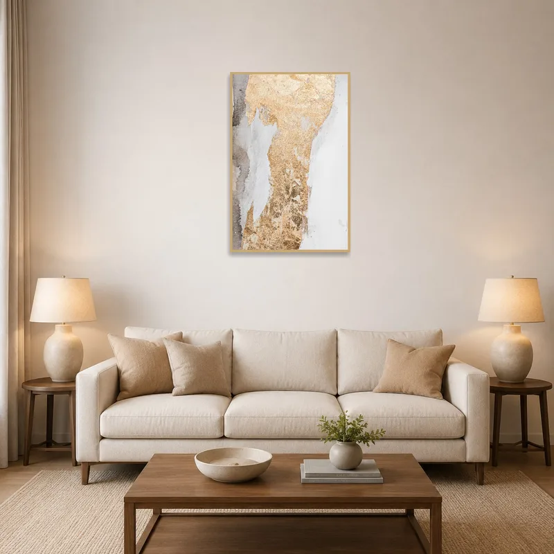 Elegant abstract gold texture art in a stylish living room, complementing modern furnishings.