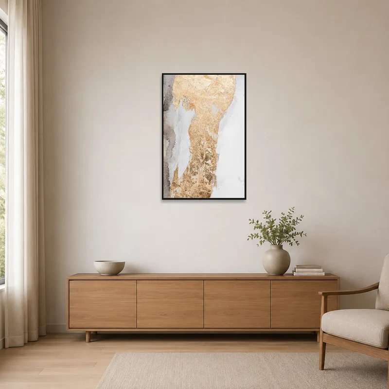 Sophisticated gold texture abstract piece enhancing a minimalist room's clean, simple aesthetic.
