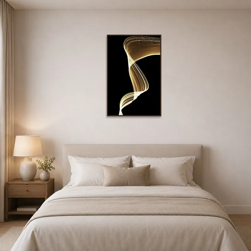 Elegant gold waves art print elevating the bedroom ambiance.