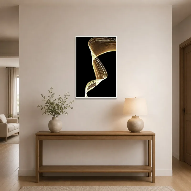 Striking gold waves print greeting guests in the entrance hall.