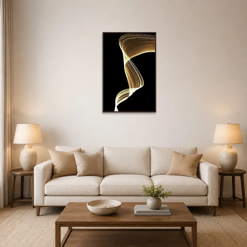 Elegant abstract gold waves art print in a cozy living room above the sofa.