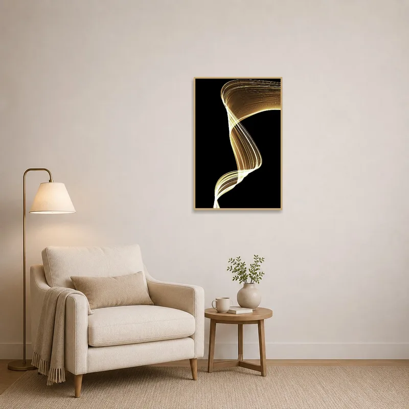 Abstract gold waves print adding warmth to a tranquil reading corner.