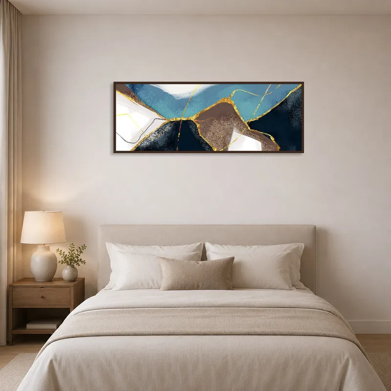 Elegant abstract landscape adding tranquility to a serene bedroom setting.