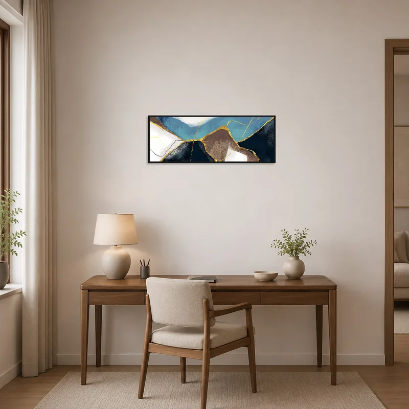 Panoramic landscape print inspiring creativity in a chic home office.