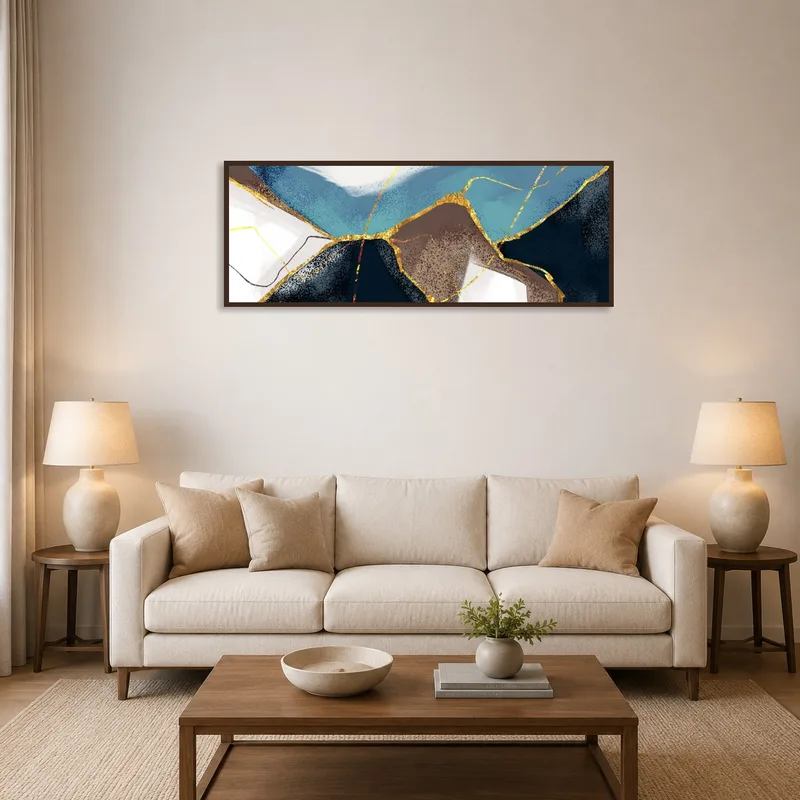 Panoramic landscape print displayed above a modern sofa in a stylish living room.