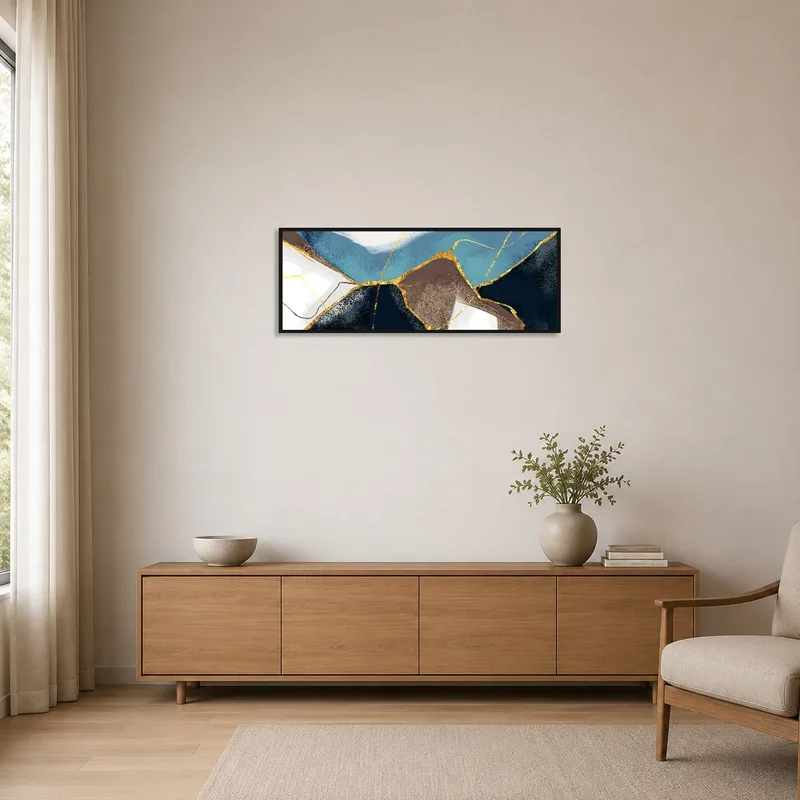 Elegant landscape artwork accentuating a minimalist room with clean lines and muted colors.