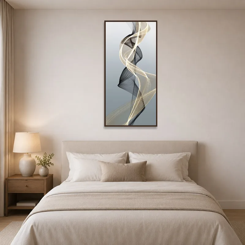 Abstract light and shadow swirl art creating a calming bedroom.