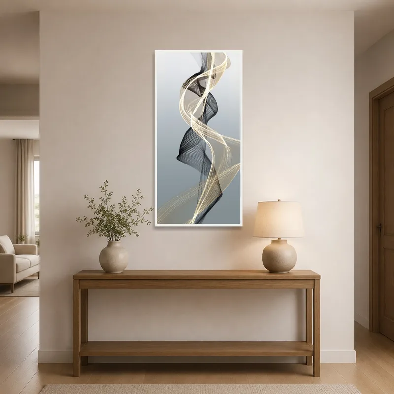 Abstract swirl art enhancing sophistication in entrance hall.