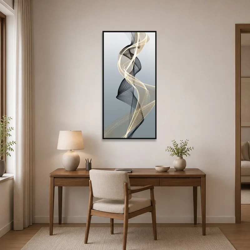 Contemporary abstract swirl art energizing a home office.