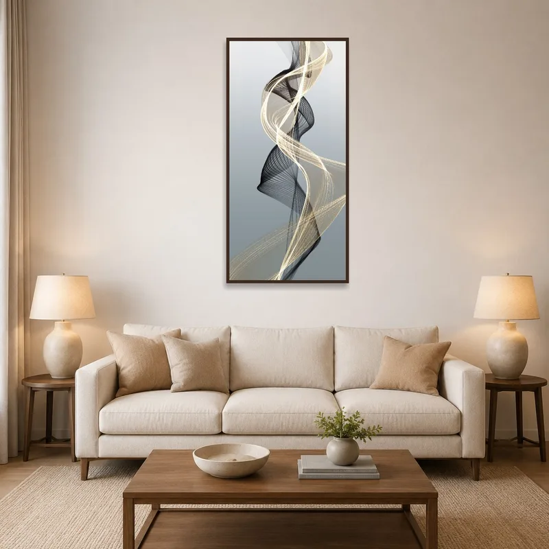 Elegant abstract swirl art adding drama to a living room wall.