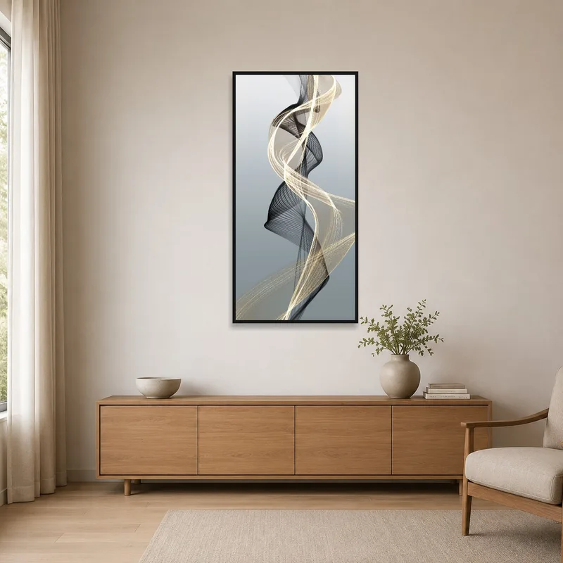 Minimalist room featuring abstract swirl art in soft hues.