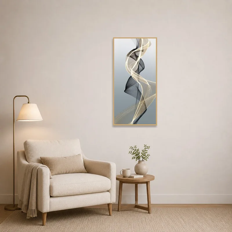 Subtle swirl art brightening a cozy reading corner space.