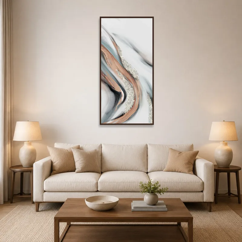 Marble flow art piece adding sophistication to a stylish living room wall.