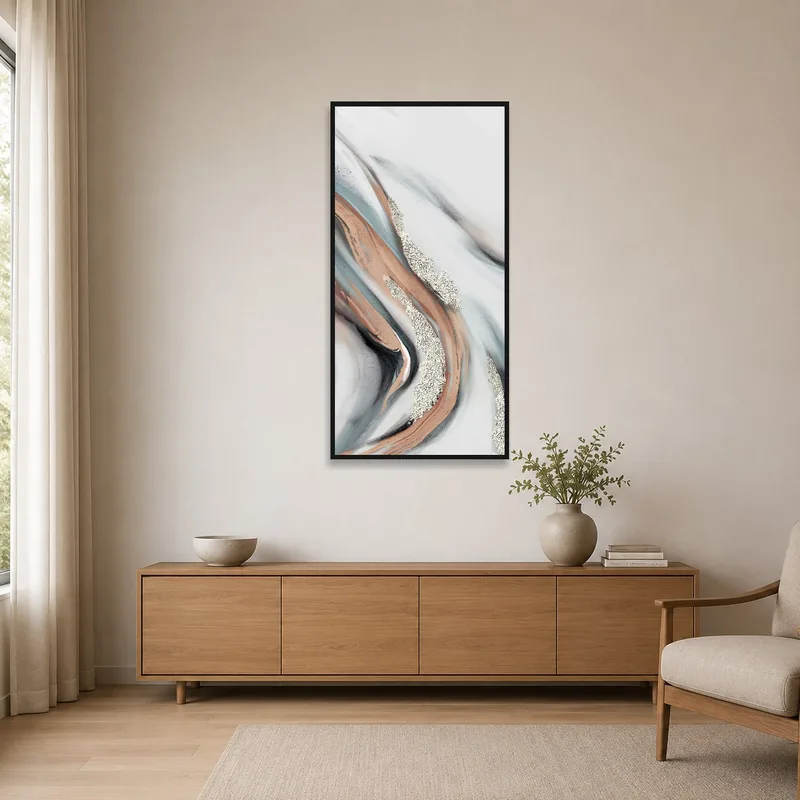 Abstract marble piece creating a focal point in a minimalist space.