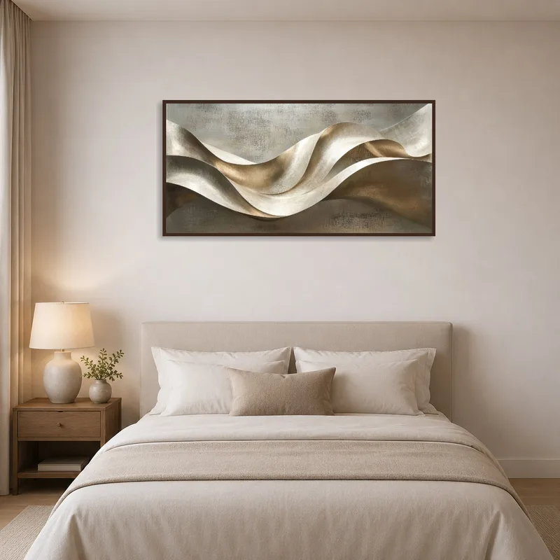 Bedroom with elegant abstract metallic wave artwork creating a serene vibe.