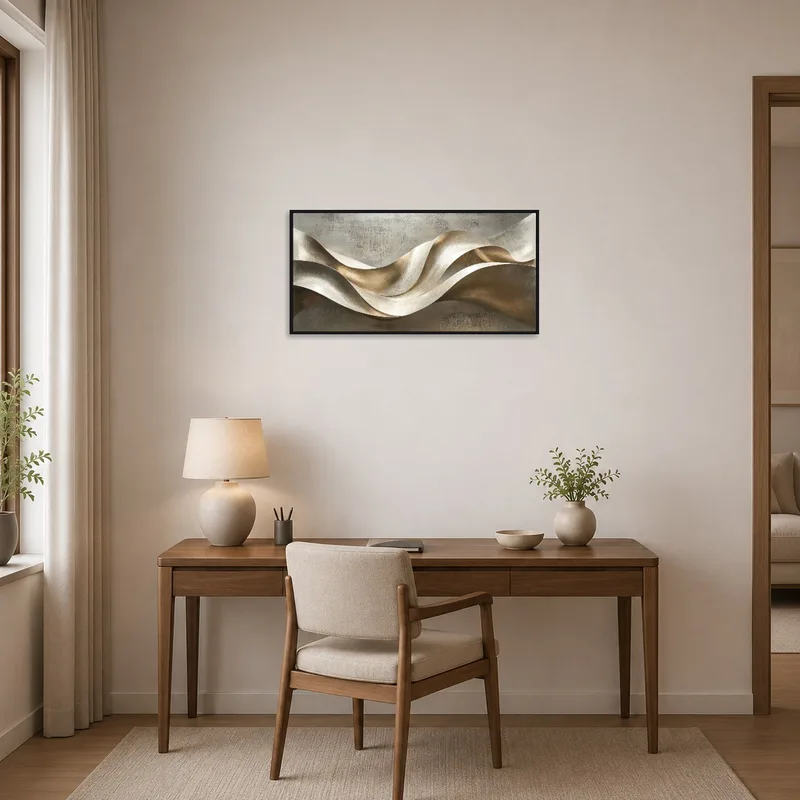 Home office adorned with a sophisticated abstract metallic wave wall design.