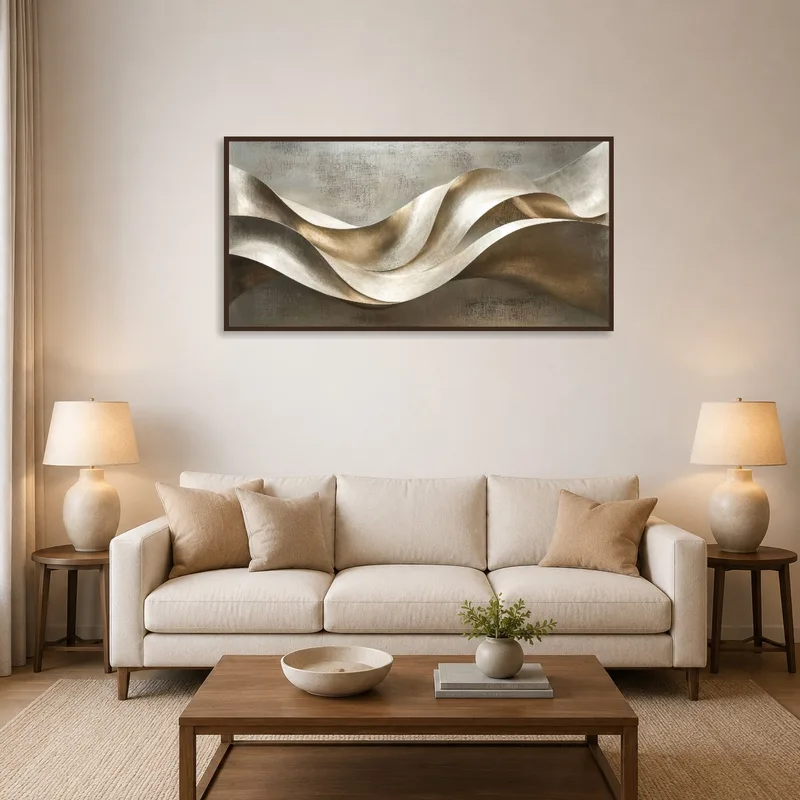 Elegant metallic wave artwork hanging above a modern living room sofa.