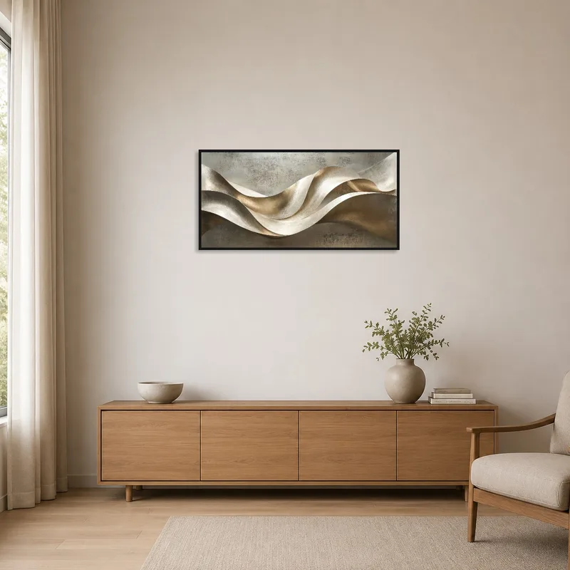 Minimalist room featuring a large abstract metallic wave design on the wall.