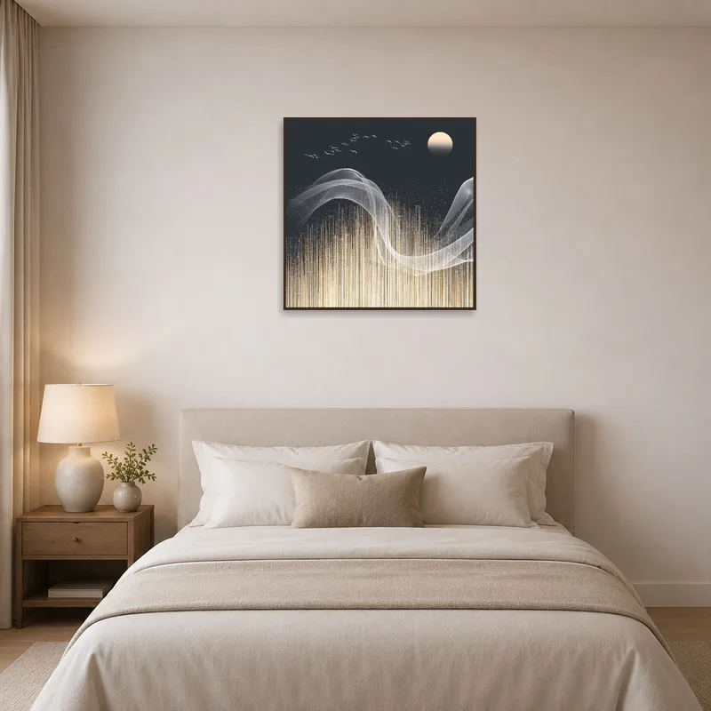 Serene abstract moonlit art above the bed in a tranquil bedroom.