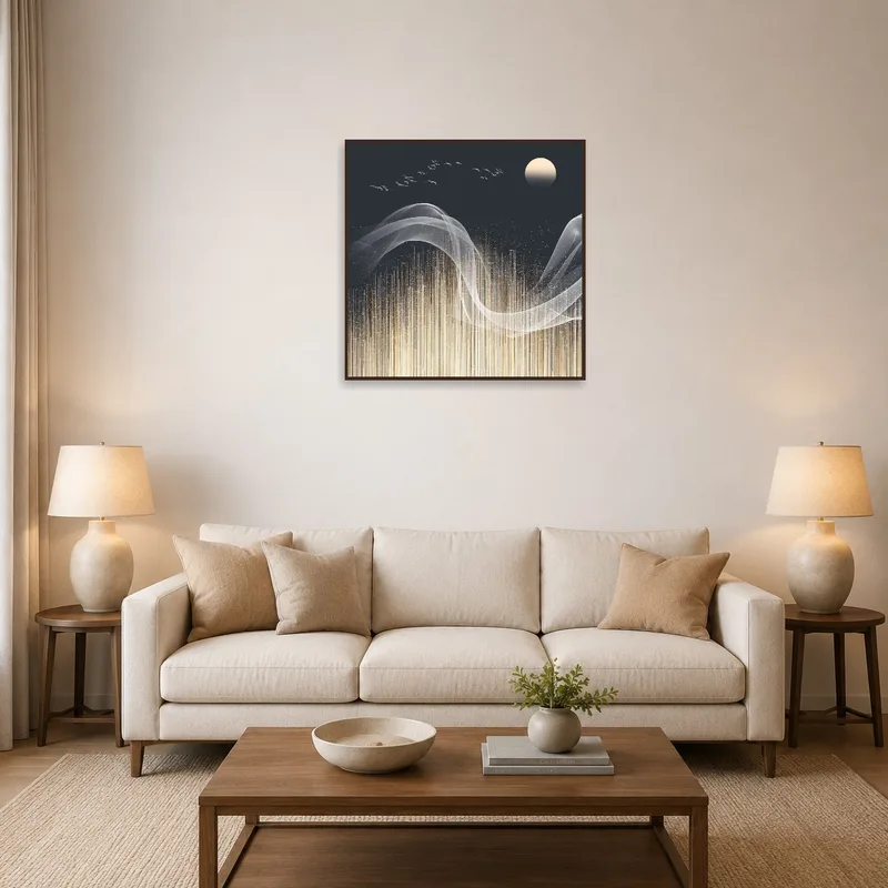 Abstract moonlit night art above a modern sofa in the living room.