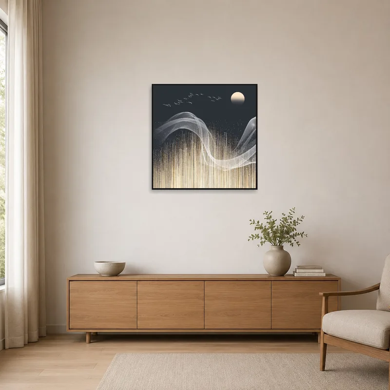 Moonlit abstract art as a centerpiece in a minimalist space.