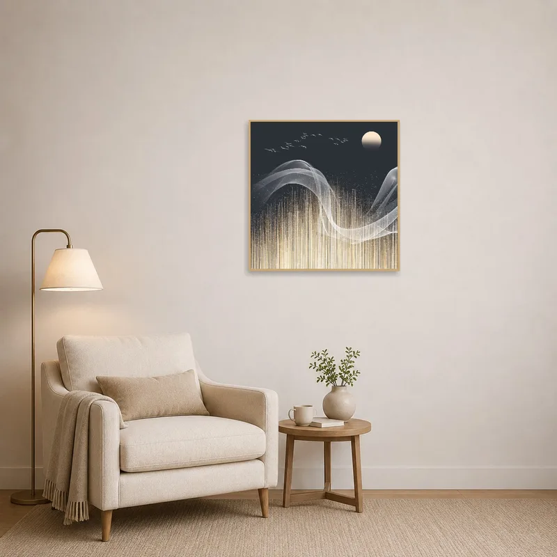 Abstract night art creating a soothing vibe in a reading corner.