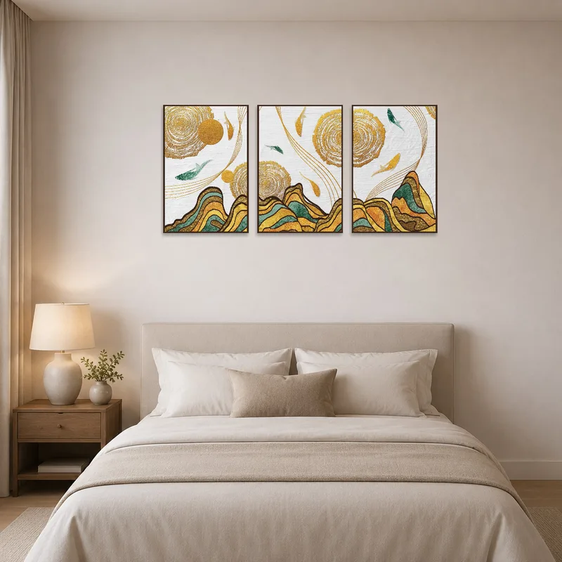 Gold-accented triptych adding elegance to a serene bedroom.