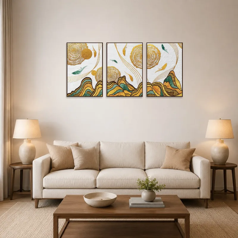 Three abstract nature pieces with gold accents in a chic living room.