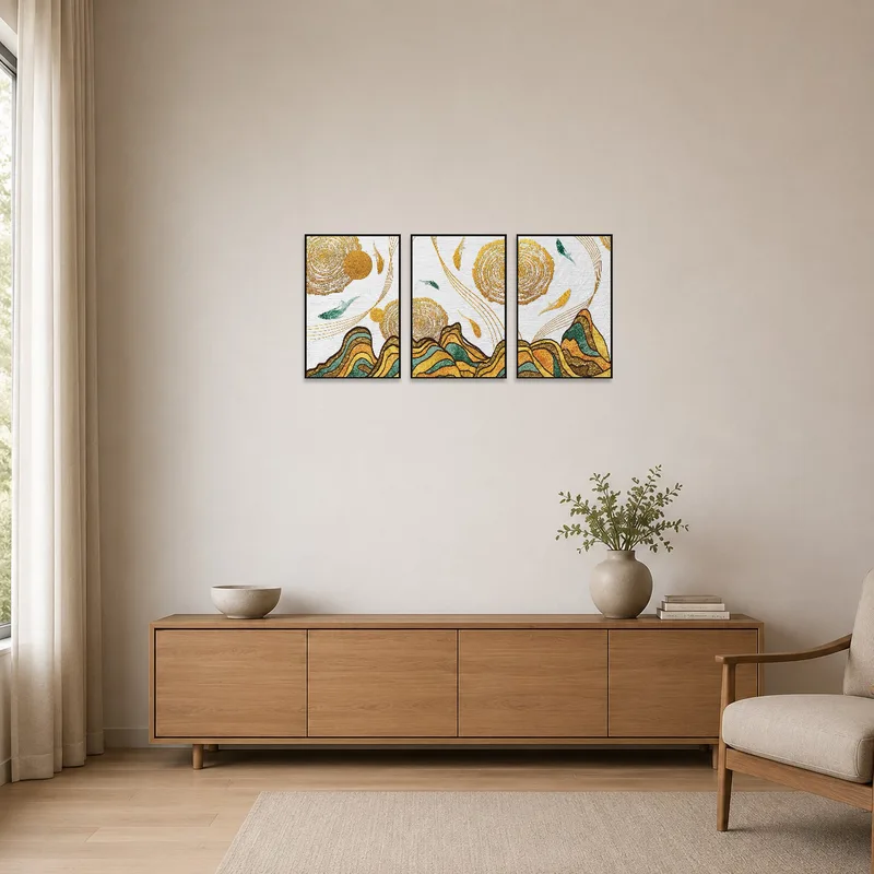 Gold-accented abstract triptych in a minimalist space.