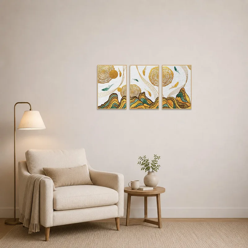 Nature-inspired abstract triptych with gold in a cozy reading corner.
