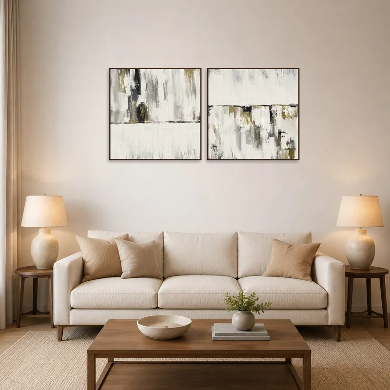 Elegant abstract neutral diptych enhances a cozy living room space.
