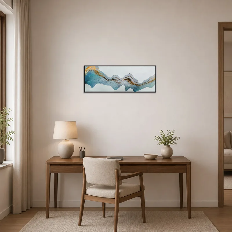 Refined abstract artwork with gold tones enhancing a home office ambiance.