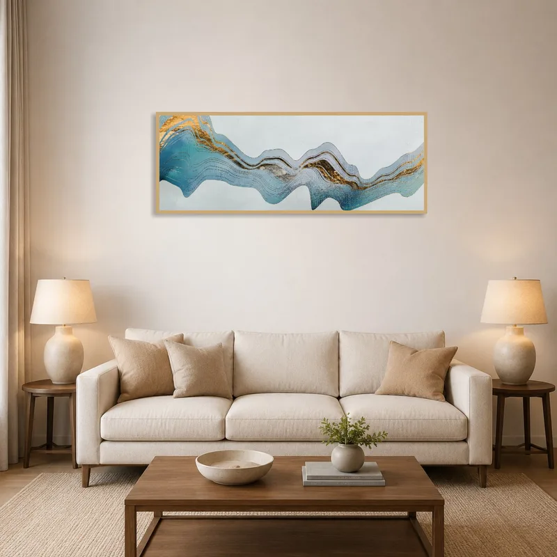 Abstract artwork with gold accents above a modern living room sofa.