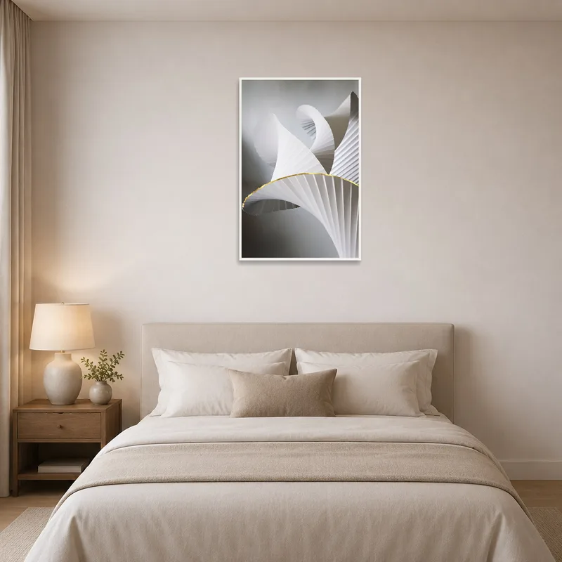 Elegant abstract paper sculpture art print enhancing a serene bedroom.